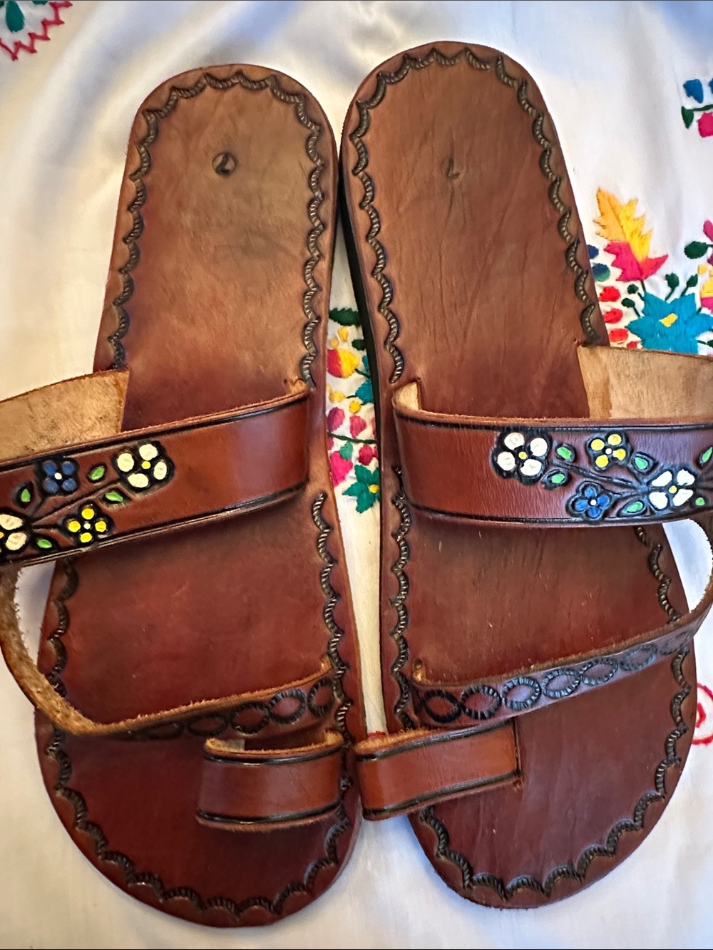 SIZE 10US Hand-Painted Brown Leather Floral Sandals